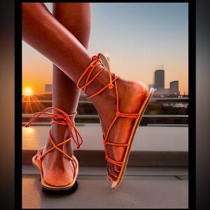 FREE PEOPLE So Strappy Sandals N Sunset Orange Leather Liner & Cord Straps